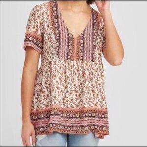 Knox Rose Ditsy Floral Peplum Floral V Neck TShirt Blouse Pink Fall Colors PP24